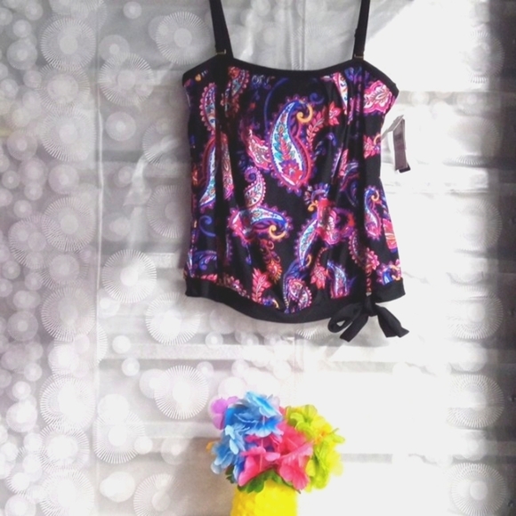 ISLAND ESCAPE BLACK PINK PAISLEY BLOUSON TANKINI TOP SIZE 6 NWT - Picture 1 of 5